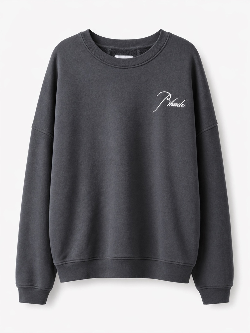 Rhude charcoal gray crewneck with white script logo
